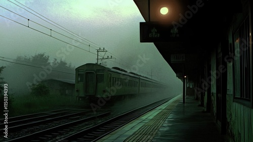Misty Train Arriving at a Deserted Platform in the Rain