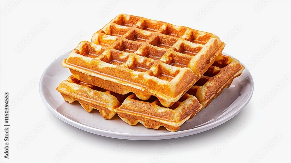 A photostock of crispy golden waffles stacked neatly, appetizing and warm, isolated on a clean white background, High Quality A photostock of crispy golden waffles stacked neatly, appetizing and warm, isolated on a clean white background, High Quality