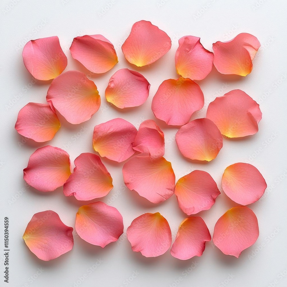 A photostock of delicate pink rose petals scattered symmetrically, isolated on a clean white background, romantic and soft, High Quality A photostock of delicate pink rose petals scattered symmetrically, isolated on a clean white background, romantic and soft, High Quality