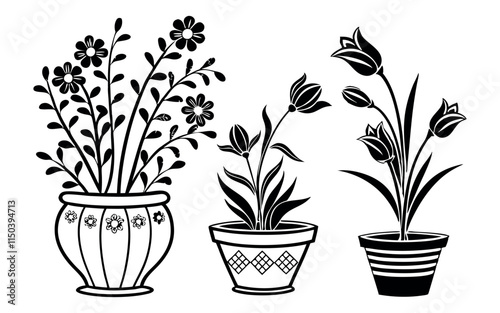 Black and white line drawing of three potted plants, each with different styles of pots and plants. The drawing has a minimalistic and elegant style.