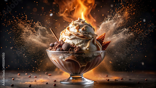 Dramatic Ice Cream Sundae Close-Up with Cocoa Powder Explosion A Gourmet Dessert Masterpiece on Dark Backdrop photo