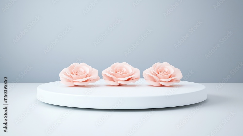 Soft Pink Roses on Circular White Platform Against Minimal Background Soft Pink Roses on Circular White Platform Against Minimal Background