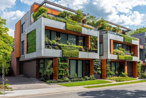 A modern townhouse facade with vertical gardens and staggered balconies for urban farming. photo