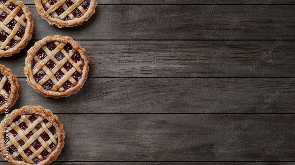 Freshly Baked Berry Pies on Rustic Wooden Table Surface Freshly Baked Berry Pies on Rustic Wooden Table Surface