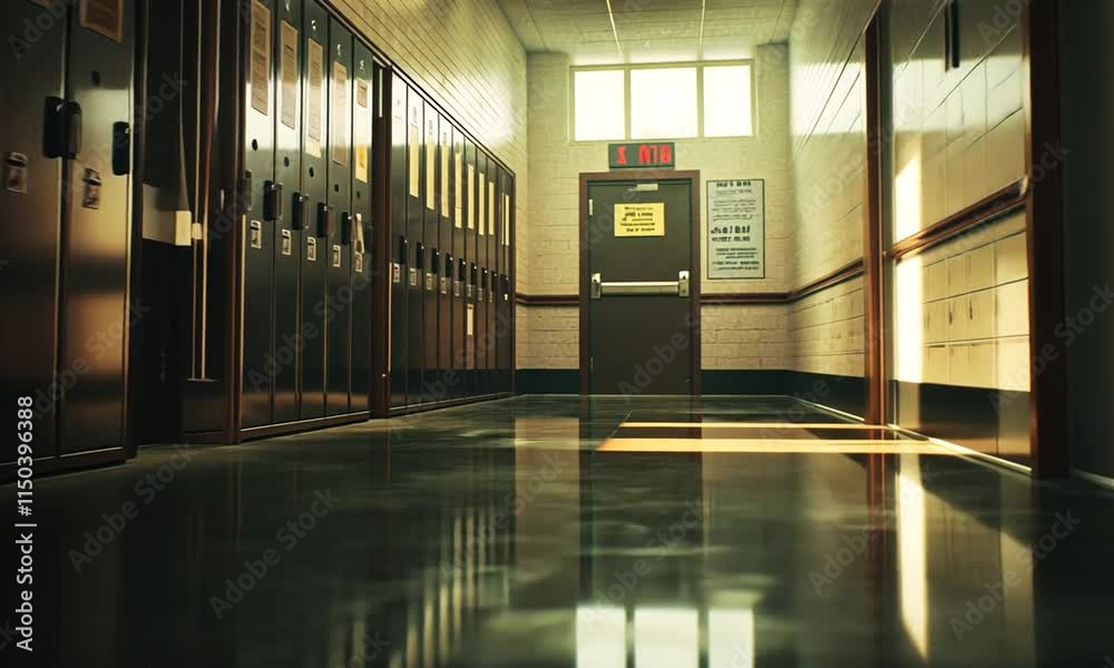 Sunlit School Hallway with Rows of Metal Lockers