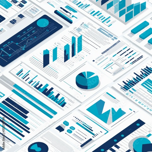 Data Visualization and Analytics Reports Spread Across a Workspace With Colorful Graphs and Charts in Blue and Teal Tones Representing Different Statistics