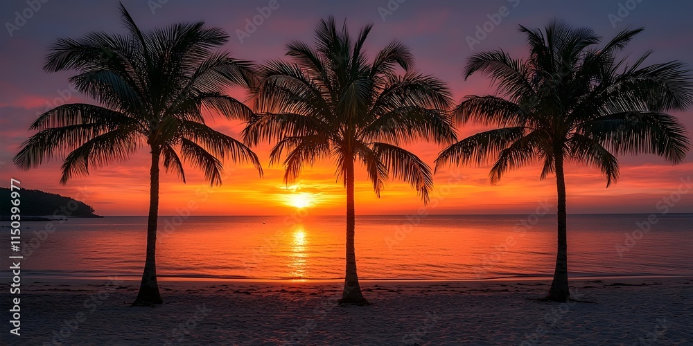 Obraz premium A serene sunset over a tranquil beach, framed by palm trees silhouetted against vibrant orange and purple skies, creating a peaceful and picturesque scene.