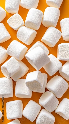 A photostock of fluffy white marshmallows scattered symmetrically, soft and sweet, isolated on a clean white background, High Quality