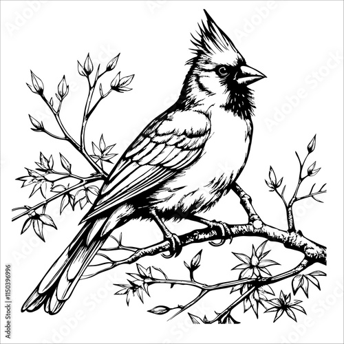 Photography A black and white drawing of a cardinal perched on a branch