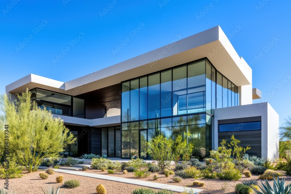A sleek modern home facade with large glass windows and minimalist landscaping, under a clear blue sky. A sleek modern home facade with large glass windows and minimalist landscaping, under a clear blue sky.