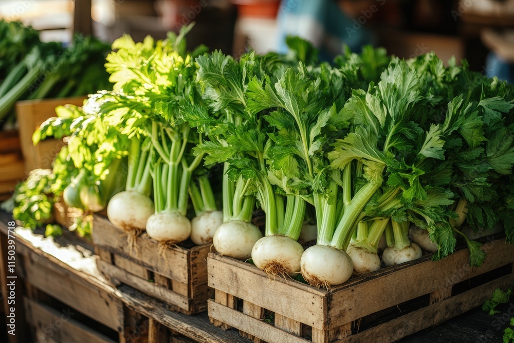 farmer's market scene featuring freshly harvested celery roots with lush green tops