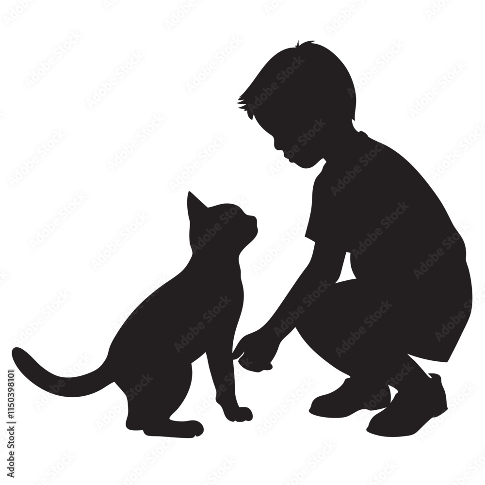silhouette of a cat and boy silhouette of a cat and boy