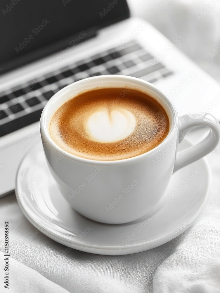 A cup of coffee sits beside a laptop on a soft surface, suggesting a cozy work environment. A cup of coffee sits beside a laptop on a soft surface, suggesting a cozy work environment.