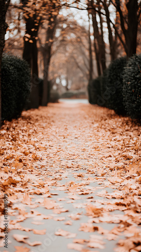 A peaceful pathway in a park is adorned with fallen golden leaves, while gentle sunlight filters through the trees, creating a serene atmosphere for relaxation photo