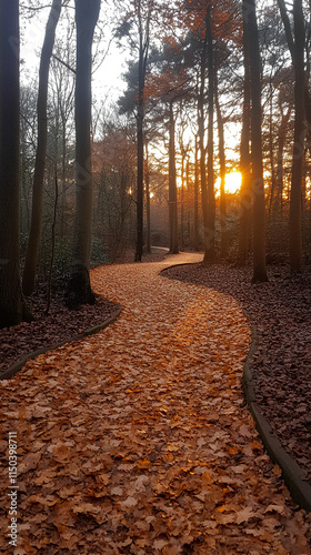 A peaceful pathway in a park is adorned with fallen golden leaves, while gentle sunlight filters through the trees, creating a serene atmosphere for relaxation photo