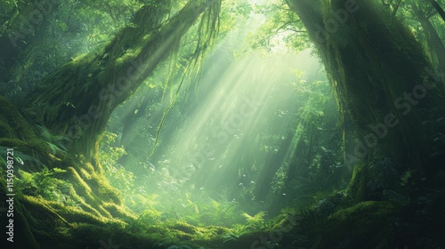 Golden sunlight filters through a canopy of ancient trees, illuminating a mystical forest path