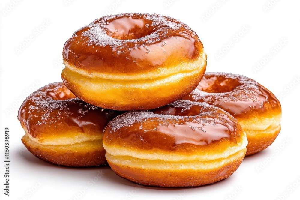 A photostock of freshly baked golden donuts glazed with sugar, appetizing and bright, isolated on a clean white background, High Quality A photostock of freshly baked golden donuts glazed with sugar, appetizing and bright, isolated on a clean white background, High Quality