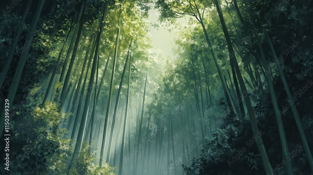 Naklejka premium Golden sunlight filters through the dense foliage of an ancient forest, illuminating a misty path that winds through the verdant landscape