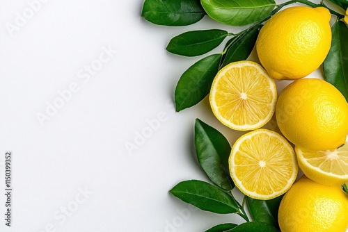 A photostock of freshly sliced lemons and whole lemons with vibrant yellow skin, isolated on a clean white background, zesty and fresh, High Quality photo