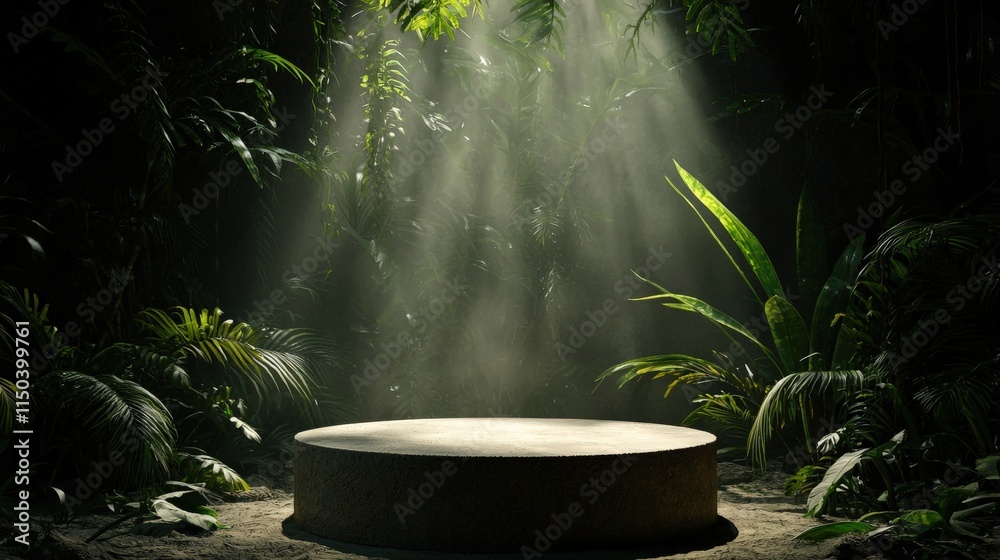 A sandy podium illuminated by soft light rays, surrounded by tropical vegetation - A sandy podium illuminated by soft light rays, surrounded by tropical vegetation -