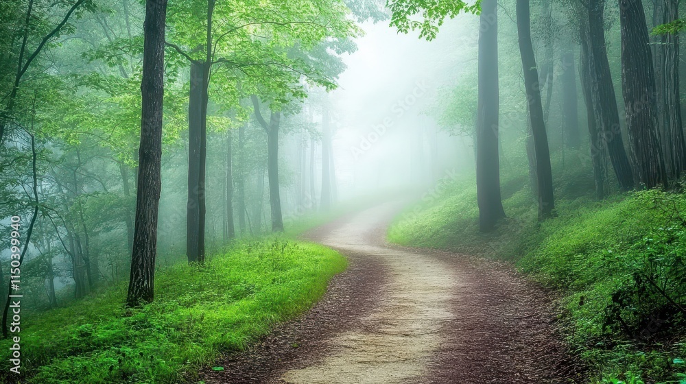 Obraz premium Misty morning path through the ancient forest, sunlight filtering through the vibrant green foliage