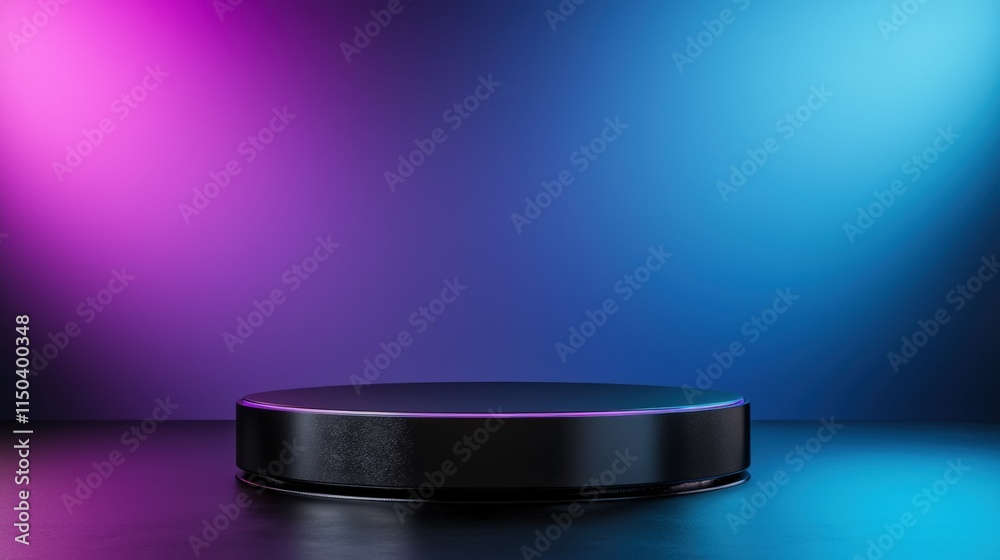 A modern black podium with sharp edges placed against a gradient backdrop of dark blue and violet A modern black podium with sharp edges placed against a gradient backdrop of dark blue and violet
