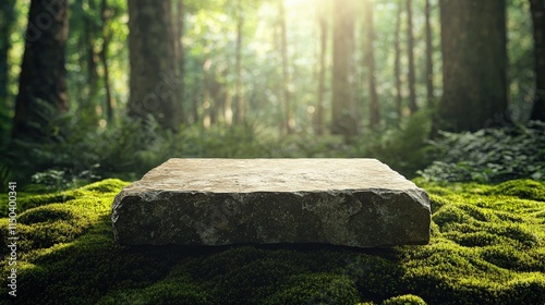 A natural stone podium placed on soft moss, surrounded by warm sunlight filtering through trees