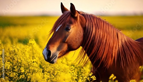  Horse portrait in yellow flowers. Bay horse with long mane on field 