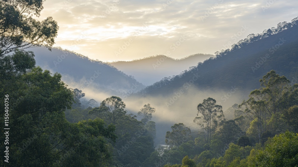 Naklejka premium The majestic mountain panorama unfolds at sunrise, with a vibrant sky, lush green forests, and mist-shrouded valleys offering breathtaking views