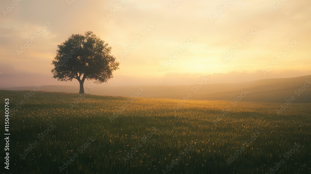 Naklejka premium Misty morning light bathes a lone tree silhouetted against a vibrant sunrise over a vast meadow