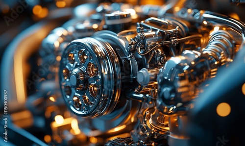 Close-up of a futuristic, glowing car engine.