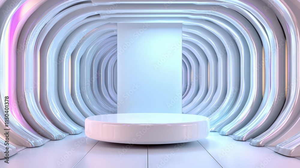 Fototapeta premium A futuristic white podium floating in a glowing room with soft pastel gradients