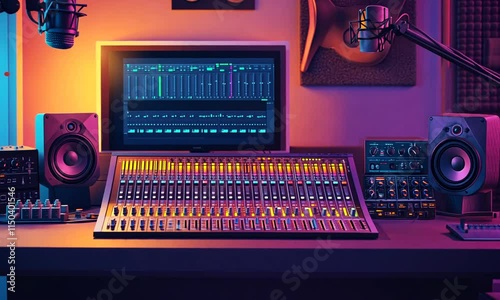 Professional music production studio with mixing console, monitors, and microphones.