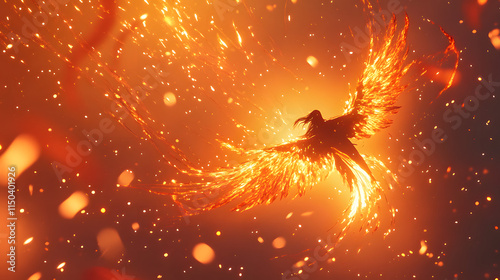 Ladesha a phoenix spirit soaring across a fiery sky filled with glowing embers and trails of radiant light.