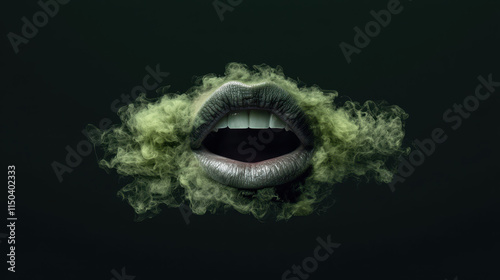 Bad breath. Mouth emitting unpleasant green smoke on dark background