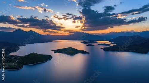 Majestic Sunset Over Mountain Lake Islands