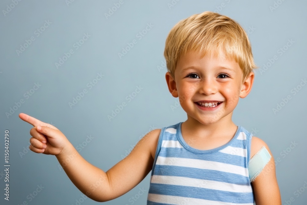 Blonde kid displaying bandaged arm after COVID-19 vaccination - happy child promoting antiviral immunization for children Blonde kid displaying bandaged arm after COVID-19 vaccination - happy child promoting antiviral immunization for children