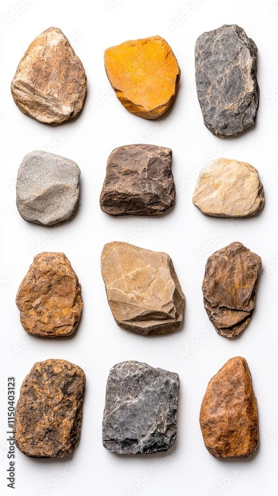 A photostock of rustic stone textures in various shapes and sizes, earthy and bold, isolated on a clean white background, High Quality A photostock of rustic stone textures in various shapes and sizes, earthy and bold, isolated on a clean white background, High Quality