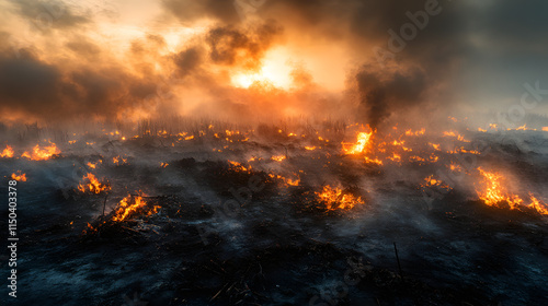 A battlefield covered in smoke with fiery explosions in the distance and charred remnants glowing with embers. photo