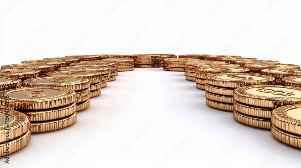 Obraz premium A photostock of shiny gold coins stacked symmetrically, reflecting light, isolated on a clean white background, High Quality