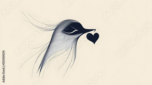 A birds face outlined with flowing minimalist lines featuring a heart shape in its beak. photo