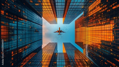Airplane Soaring Above City Skyscrapers at Sunset