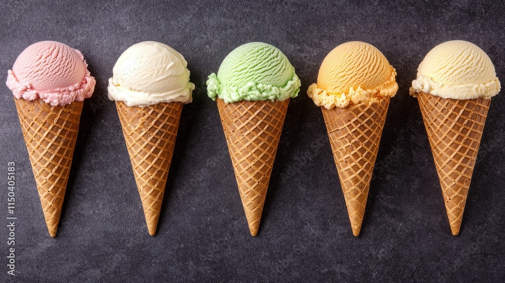 Colorful Ice Cream Cones in a Line on Dark Background Colorful Ice Cream Cones in a Line on Dark Background