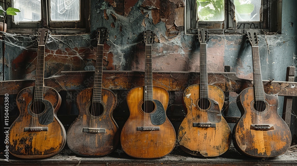 Naklejka premium many old acoustic guitars with cobwebs in an old dark abandoned room 