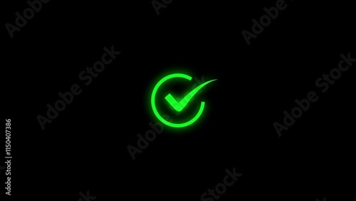 Glowing check mark illustrations icon. Tick finishing confirm yes, right ,ok sign animated on black background. Check mark symbol. approved tick mark icon, success, correct concept.