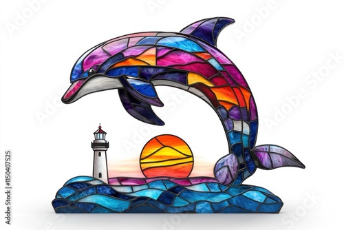 A cute dolphin jumps gracefully, showcasing vibrant sunset hues and a lighthouse photo