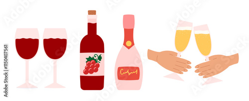 Champagne and wine bottles, prosecco sparkling bottle and glasses. Celebration Valentines day, party, new year holiday or wedding. Flat Vector illustration isolated on white background 