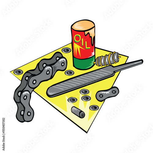 a design vector of tool to fix the chain’s broken link with oil from a bottle