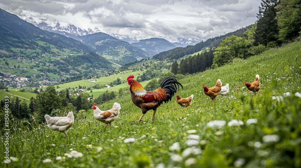 Fototapeta premium Rooster and hens roam free in a lush green meadow with mountain backdrop.