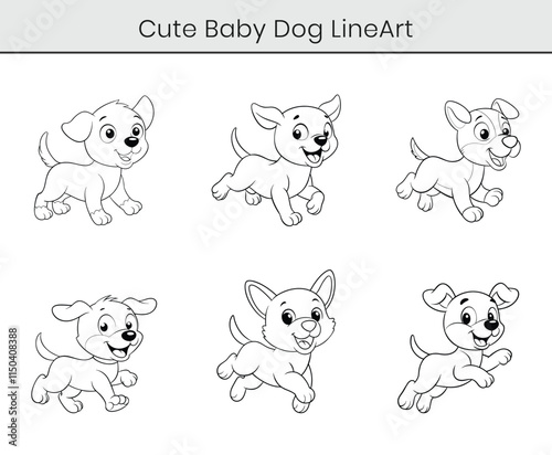 A cute puppy outline cartoon vector. Cute baby dog flat line art illustration on white background